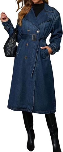 loveimgs Women Vintage Double Breasted Mid Long Denim Jacket Jean Trench Coat Duster Blazer Jacket Windbreaker Belt in Saudi Arabia