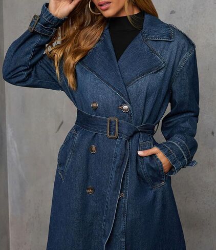 loveimgs Women Vintage Double Breasted Mid Long Denim Jacket Jean Trench Coat Duster Blazer Jacket Windbreaker Belt in Saudi Arabia
