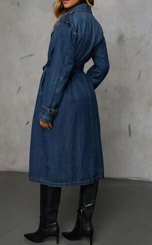 loveimgs Women Vintage Double Breasted Mid Long Denim Jacket Jean Trench Coat Duster Blazer Jacket Windbreaker Belt in Saudi Arabia
