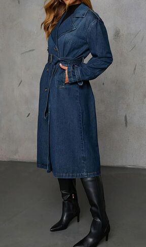 loveimgs Women Vintage Double Breasted Mid Long Denim Jacket Jean Trench Coat Duster Blazer Jacket Windbreaker Belt in Saudi Arabia