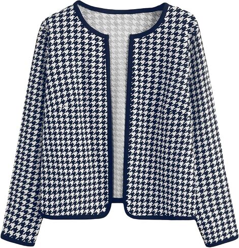 Wdirara Women's Plus Size Houndstooth مفتوح الأمام السترة طويلة الأكمام in Kuwait