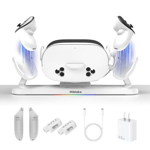 قاعدة شحن HiBloks لملحقات Meta Quest 3، محطة شحن مغناطيسية سريعة 18 وات لـ Oculus Quest 3 وأجهزة التحكم مع بطاريتين قابلتين لإعادة الشحن، شحن لاسلكي وإضاءة RGB ملونة in Saudi Arabia