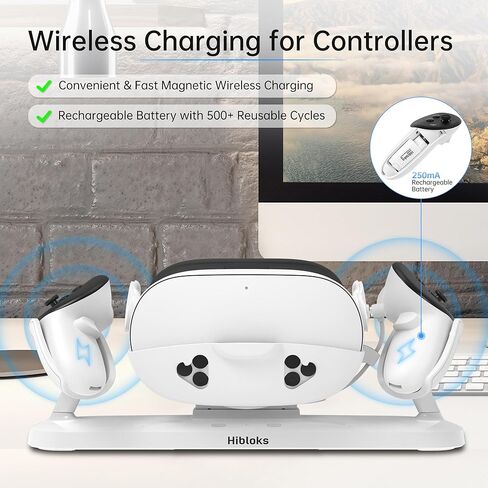قاعدة شحن HiBloks لملحقات Meta Quest 3، محطة شحن مغناطيسية سريعة 18 وات لـ Oculus Quest 3 وأجهزة التحكم مع بطاريتين قابلتين لإعادة الشحن، شحن لاسلكي وإضاءة RGB ملونة in Saudi Arabia