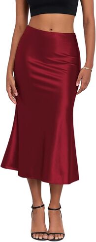 Zaful Women Satin Silk Midi تنانير أنيقة خصر عالي الخصر الخفي الخصر المرن مرن اندلعت تنانير خط in Saudi Arabia