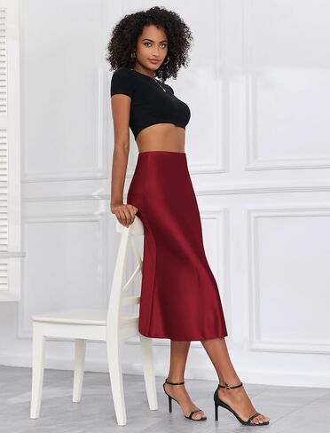 Zaful Women Satin Silk Midi تنانير أنيقة خصر عالي الخصر الخفي الخصر المرن مرن اندلعت تنانير خط in Saudi Arabia