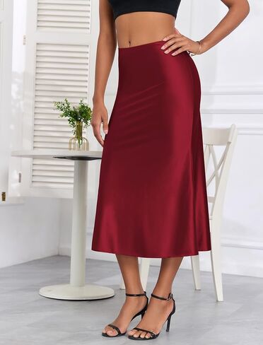 Zaful Women Satin Silk Midi تنانير أنيقة خصر عالي الخصر الخفي الخصر المرن مرن اندلعت تنانير خط in Saudi Arabia