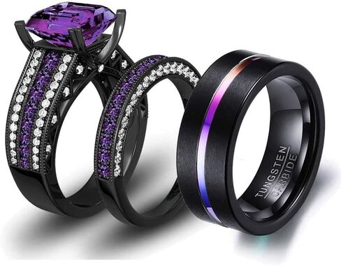 LOVERSRING 3pc Two Rings His and Hers Couple Rings Bridal Sets His Hers Women Black Gold Plated Purple Cz Man Tungsten Carbide Wedding Ring Band Set in Saudi Arabia