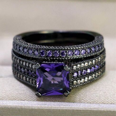 LOVERSRING 3pc Two Rings His and Hers Couple Rings Bridal Sets His Hers Women Black Gold Plated Purple Cz Man Tungsten Carbide Wedding Ring Band Set in Saudi Arabia