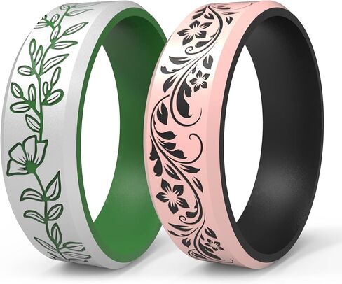 2/1 Paks Wilderness Collection Engraved Ring, Flower Vine Design - Silicone Ring for Men and Women, Silicone Wedding Band for Sports Activities, Breathable Comfort Fit in Kuwait