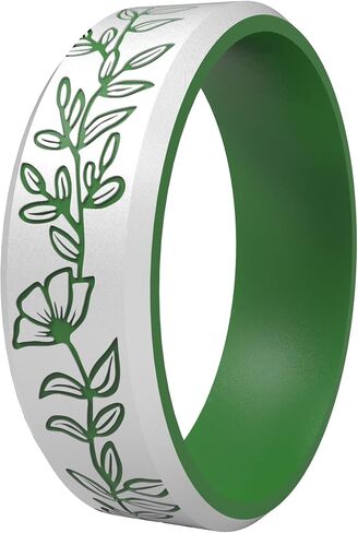 2/1 Paks Wilderness Collection Engraved Ring, Flower Vine Design - Silicone Ring for Men and Women, Silicone Wedding Band for Sports Activities, Breathable Comfort Fit in Saudi Arabia