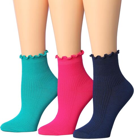 Tipi Toe Womens 3 Pairs Turn-Cuff Solid Lettuce Edge Lightweight Quarter Length Ruffle Socks in Saudi Arabia