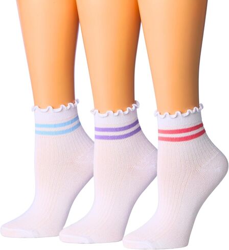Tipi Toe Womens 3 Pairs Turn-Cuff Solid Lettuce Edge Lightweight Quarter Length Ruffle Socks in Saudi Arabia