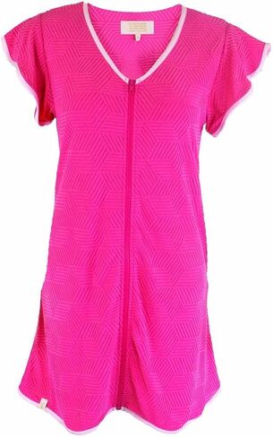 Simply Southern Women's Terry Zip-Front Coverup Dress, Short Sleeve V-Neck, Available in Navy and Hot Pink in Kuwait
