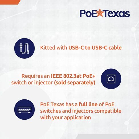 PoE Texas in-Wall حاصل على براءة اختراع PoE إلى USB-C وتوصيل البيانات مع مخرج 12 وات لأجهزة iPad Air وGalaxy Tab والمزيد - إيثرنت سريع 10/100 ميجابت في الثانية مع كابل الزاوية اليمنى للأجهزة اللوحية التي تدعم USBC in Saudi Arabia