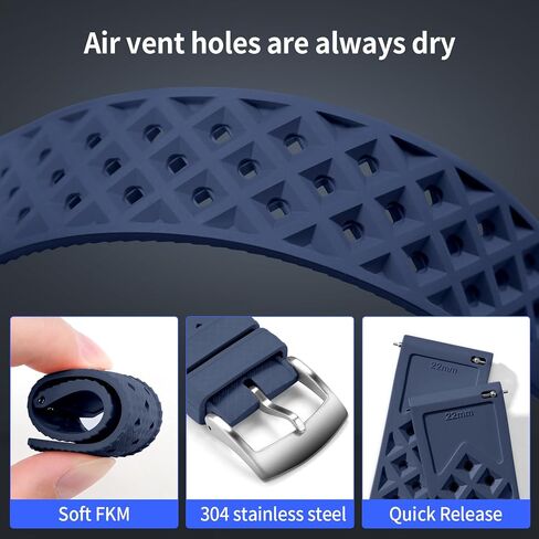 ULLCHRO FKM Rubber Watch Strap Quick Release Tropical Style Fluororubber 20mm 22mm Replacement Band Strap for Men Women, Soft Breathable Rubber Watch Band Silver/Black Steel Buckle in Kuwait