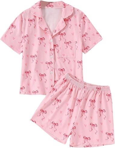 OYOANGLE Girl's Cute 2 Piece Bow Short Sleeve Button Down Shirt and Shorts Clothing Set in Saudi Arabia