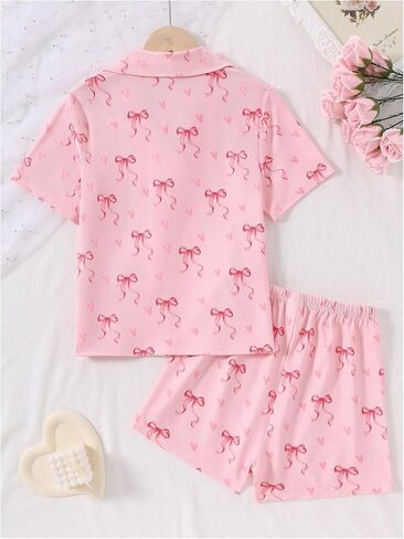 OYOANGLE Girl's Cute 2 Piece Bow Short Sleeve Button Down Shirt and Shorts Clothing Set in Saudi Arabia