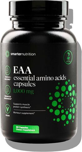 Smarter Nutrition Essential Amino Acids (EAA) Capsules - 1 Gram Per Serving of All 9 EAAs - Supports Muscle Mass & Exercise - Non-GMO, Vegan, Gluten Free - 60 Count[30-Day Supply] in Kuwait