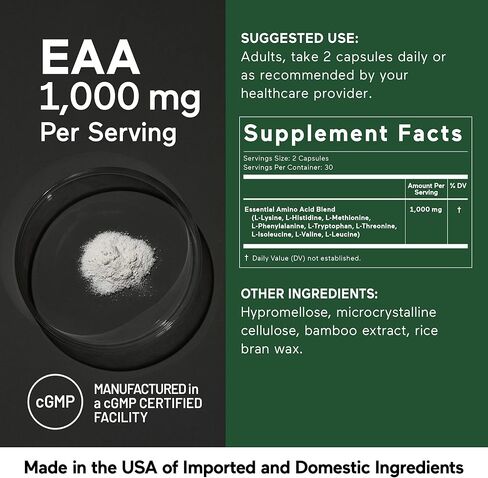 Smarter Nutrition Essential Amino Acids (EAA) Capsules - 1 Gram Per Serving of All 9 EAAs - Supports Muscle Mass & Exercise - Non-GMO, Vegan, Gluten Free - 60 Count[30-Day Supply] in Kuwait