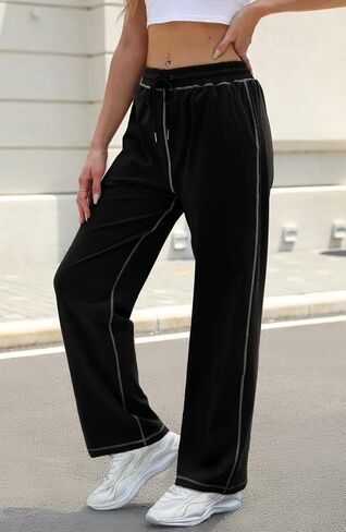 Womens Sweatpants Baggy Soft Lightweight Straight Leg Lounge Pants Stitching Wide Leg Sweatpants Women Casual in Saudi Arabia