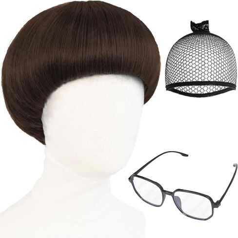 Short Black Cosplay Wig with Bangs Mushroom Wig for Men 60s Bowl Cut Women Wig Straight Wig Adult Funny Wig Synthetic Wig for Anime Halloween Costume Party + Wig Cap in Saudi Arabia