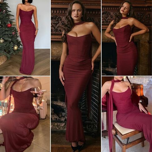 ANKOMINA Women's Strapless Boned Corset Satin Dress Sexy Backless Pleated Stitching Dresses for Wedding Cocktail in Saudi Arabia