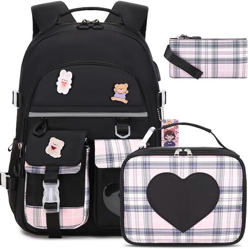 Backpack for Girls - Bookbag Backpacks Schoolbag for Girls Kids Teen Women Casual Travel Daypacks - School Bag Elementary Middle School College Cute Backpack with Lunch Box (Black Purple) in Kuwait