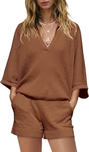 SENSERISE Womens 2 Piece Outfits Summer Matching Sets Batwing Sleeve V Neck Top and Shorts Sets with Pockets in Saudi Arabia