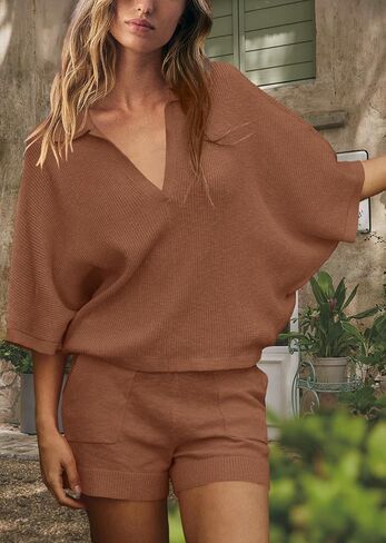 SENSERISE Womens 2 Piece Outfits Summer Matching Sets Batwing Sleeve V Neck Top and Shorts Sets with Pockets in Saudi Arabia