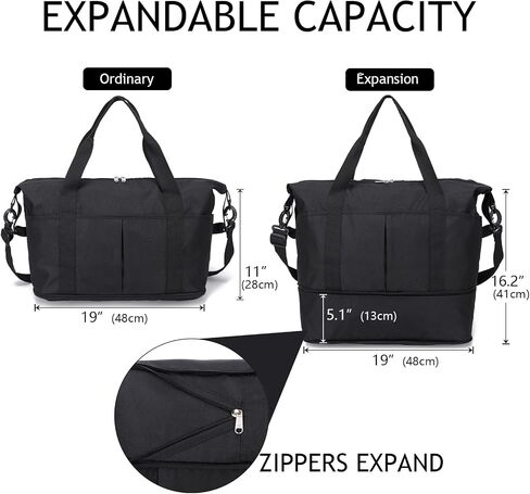 Expandable Duffle Bag for Travel, Weekender Overnight Carry On Bag for Women Men, Waterproof Large Capacity Travel Bag with Detachable Shoulder Strap and Wet Pocket(Black) in Saudi Arabia