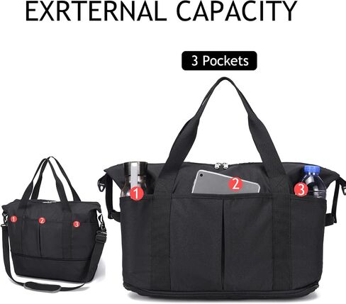 Expandable Duffle Bag for Travel, Weekender Overnight Carry On Bag for Women Men, Waterproof Large Capacity Travel Bag with Detachable Shoulder Strap and Wet Pocket(Black) in Saudi Arabia