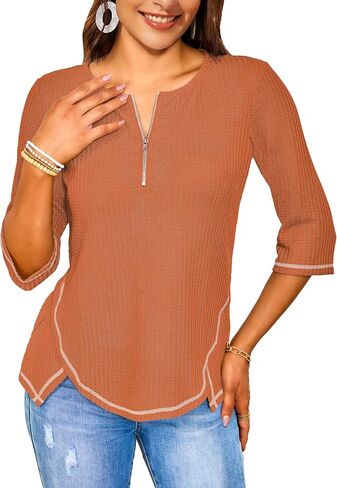 LIENRIDY Women's Waffle Knit Plus Size Tops 3/4 Sleeve Shirts Zip up V-Neck Tunic Blouse Top in Saudi Arabia