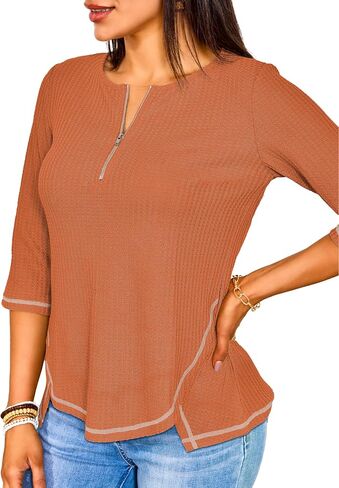 LIENRIDY Women's Waffle Knit Plus Size Tops 3/4 Sleeve Shirts Zip up V-Neck Tunic Blouse Top in Saudi Arabia