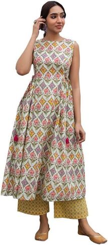 Janasya Indian Women's Multicolor Pure Cotton Ethnic Motifs Kurta Kurti Top Tunic Festive wear Kurta Set for Women in Saudi Arabia