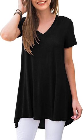 AWULIFFAN Women's Summer Casual Short Sleeve V-Neck T-Shirt Tunic Tops Blouse Shirts in Kuwait