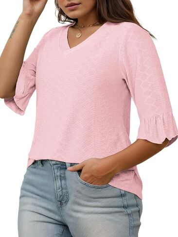 VISLILY Womens-Plus-Size-V-Neck-Tops Dressy 3/4 Length Ruffle Sleeve T Shirts Trendy Eyelet Blouses Casual Loose Tunics 1X-5X in Kuwait