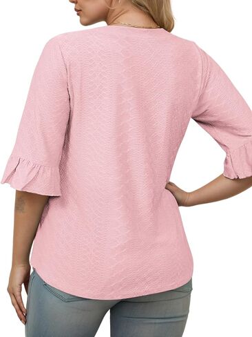 VISLILY Womens-Plus-Size-V-Neck-Tops Dressy 3/4 Length Ruffle Sleeve T Shirts Trendy Eyelet Blouses Casual Loose Tunics 1X-5X in Kuwait