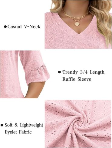 VISLILY Womens-Plus-Size-V-Neck-Tops Dressy 3/4 Length Ruffle Sleeve T Shirts Trendy Eyelet Blouses Casual Loose Tunics 1X-5X in Kuwait
