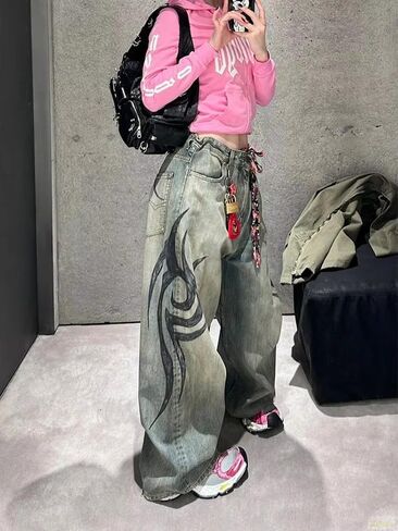 Unisex Y2K Streetwear Baggy Jeans Retro Totem Print Goth Pants High Waisted Wide Leg Harajuku Hip-Hop Style in Saudi Arabia