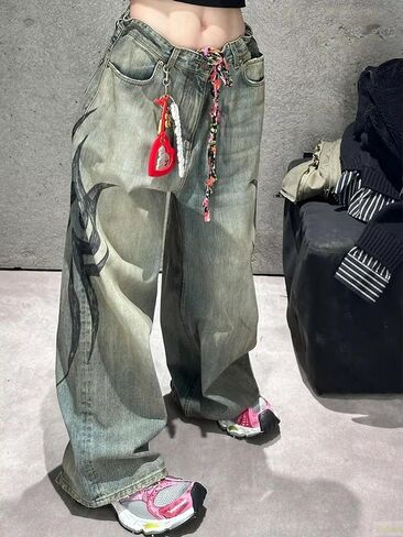 Unisex Y2K Streetwear Baggy Jeans Retro Totem Print Goth Pants High Waisted Wide Leg Harajuku Hip-Hop Style in Saudi Arabia