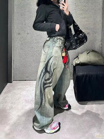 Unisex Y2K Streetwear Baggy Jeans Retro Totem Print Goth Pants High Waisted Wide Leg Harajuku Hip-Hop Style in Saudi Arabia