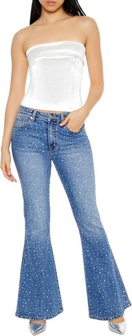Forever 21 Women's Rhinestone High-Rise Flare Jeans in Saudi Arabia