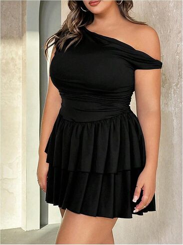 MakeMeChic Women's Plus Size Summer Dress Asymmetrical Neck Mini Dress Ruffle Tiered Cocktail Dresses in Kuwait