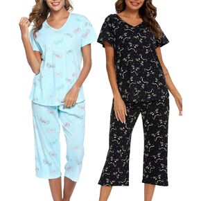 ENJOYNIGHT 2 Pack Womens Pajama Sets Cotton Short Sleeve Top with Capri Pants Summer Pjs Sleepwear