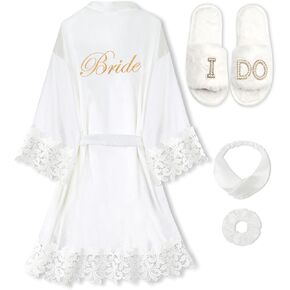 EPLAZA 4 Pcs Bride Robe for Wedding Day Set Bridal Robe with Slippers Lace Trim Wedding Robe for Bridal Bachelorette Party