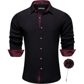 Barry.Wang Men's Dress Shirts Checkered Paisley Collar Cuff Contrast Button Down Long Sleeve Formal Casual Shirt Western