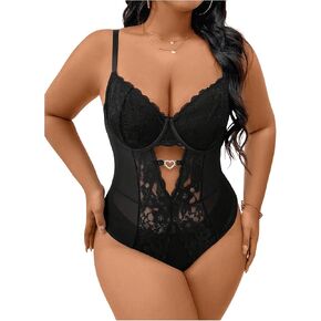 Women's Plus Size Lace Cut Out Bodysuit Spaghetti Strap Bodycon Shapewear Summer Camisole Tops