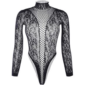 Fishnet Bodysuit Top Sexy One-Piece Long Sleeve Sheer Mesh Teddy Lingerie Outfits for Women Naughty