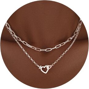 Chunky Gold Necklaces for Women Layered 14k Gold Silver Plated Heart Pearl Pendant Choker Necklace Trendy Dainty Stacked Paperclip Cuban Chain Simple Jewelry Valentine's Day Gifts Set