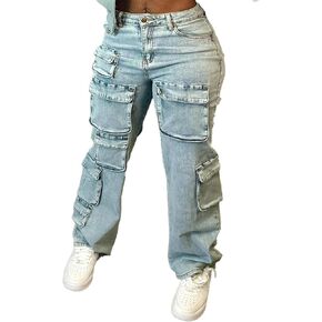 LKOUS Women's High Waist Cargo Jeans,Baggy Y2K Denim Pants with Multi Pockets